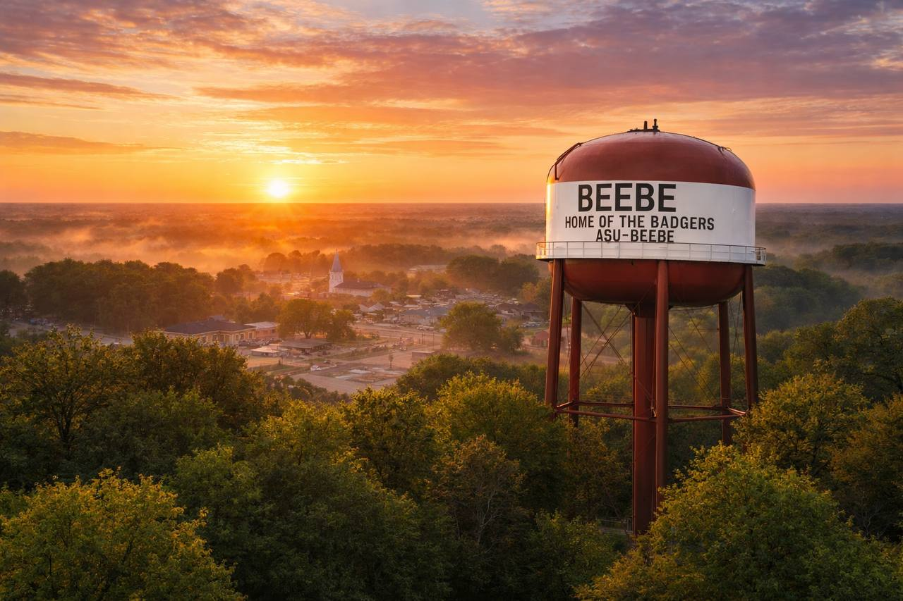 Beebe Arkansas water tower at sunrise - Beebe is home to ASU-Beebe and the Badgers