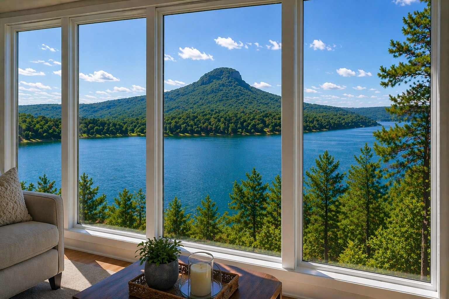 Lake house interior with floor-to-ceiling windows overlooking Greers Ferry lake and mountain views, Central Arkansas vacation rental