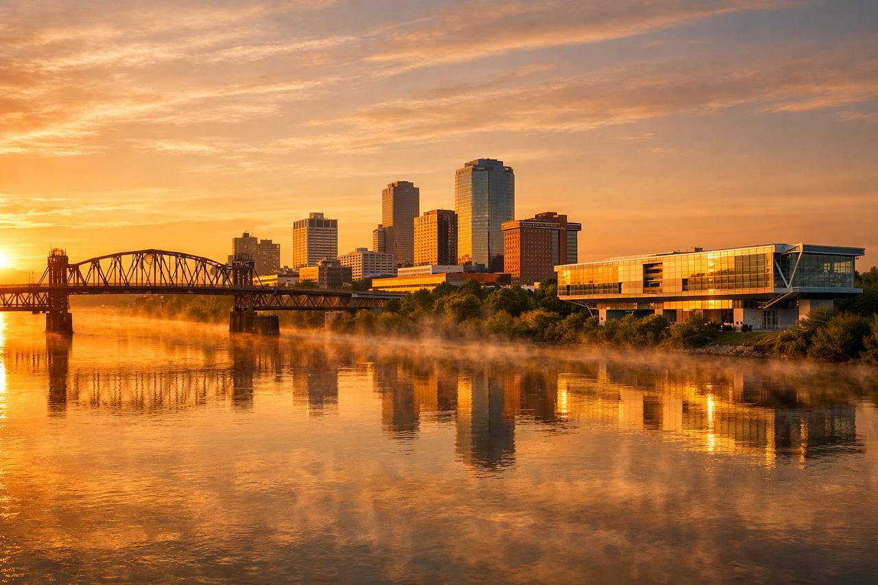 Little Rock Arkansas skyline at sunset - Arkansas River and downtown skyline viewed from North Little Rock